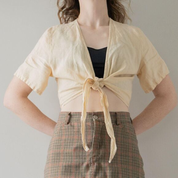 Yellow Linen Organic Crop Leisure Summer Boho Resortwear Tie Waist Women's Top - Picture 3 of 7